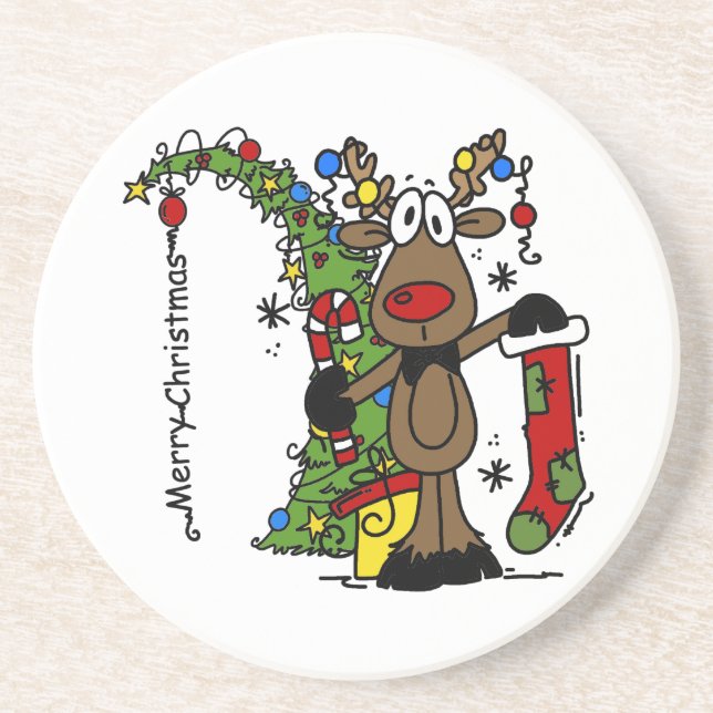 Funny Holidays Merry Christmas Reindeer Drink Coaster (Front)