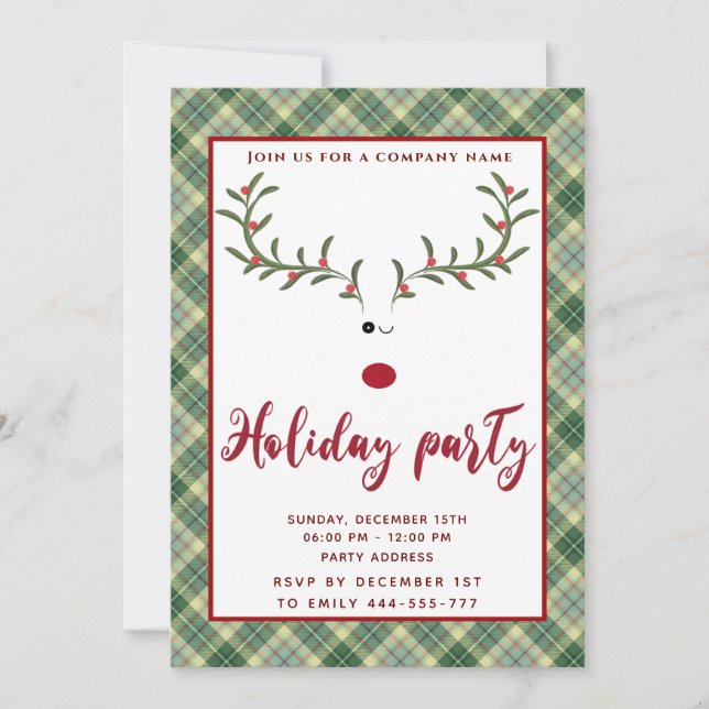 Funny holly reindeer holiday party corporate invitation (Front)