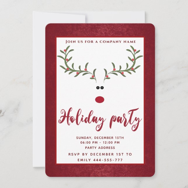 Funny holly reindeer holiday party corporate invitation (Front)