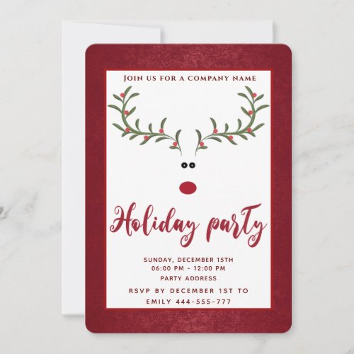 Funny holly reindeer holiday party corporate invitation