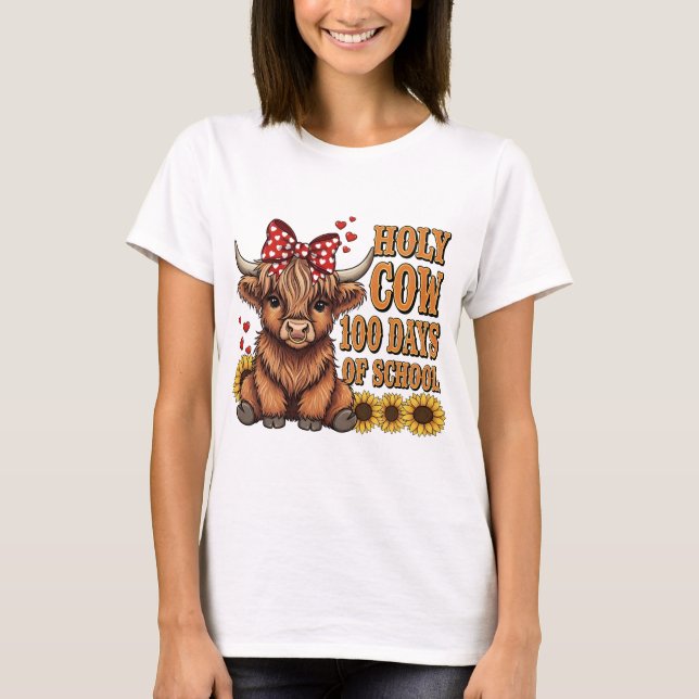 Funny Holy Cow 100 Days of School Western Boho Tea T-Shirt (Front)