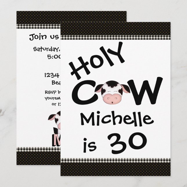 Funny Holy Cow 30th Humorous Black, White Birthday Invitation (Front/Back)