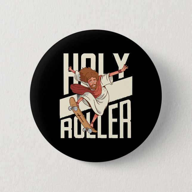 Funny Holy Roller Skateboarding Jesus Button (Front)