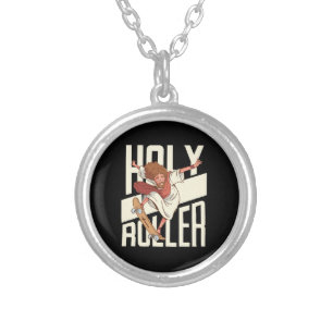 Funny Holy Roller Skateboarding Jesus Silver Plated Necklace