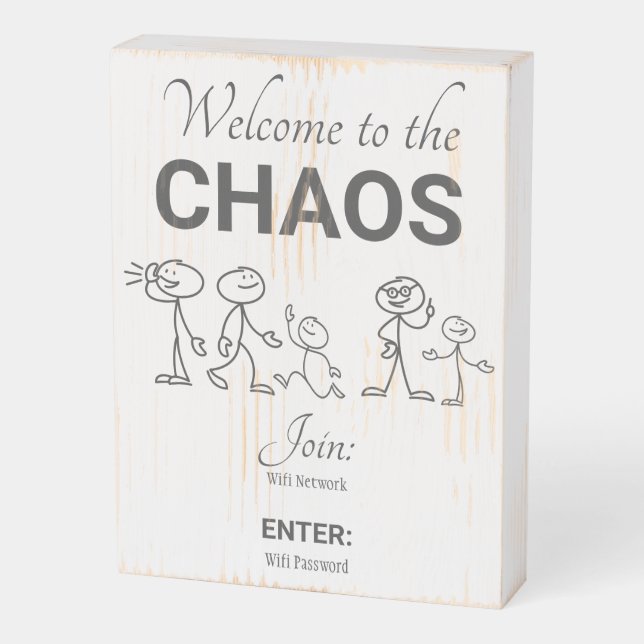 Funny Home Welcome to the Chaos Wifi Wooden Box Sign (Angled Vertical)