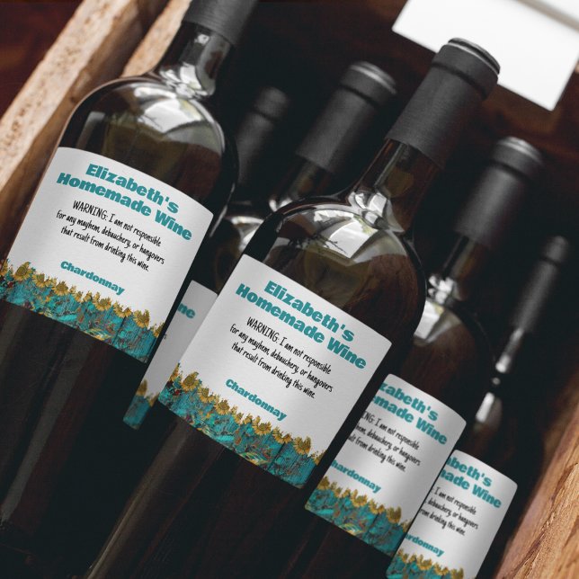 Funny Homemade Wine Warning Custom Sunflower Teal Label (Funny Label - Warning: I am not responsible for any mayhem, debauchery, or hangovers that result fro)