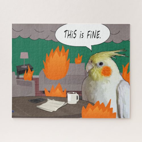 Funny Homeschool Cockatiel This Is Fine Chaos Meme Jigsaw Puzzle