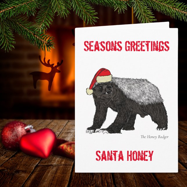 Funny Honey Badger Christmas Quote Personalized Card (Christmas honey badger wearing a Santa hat funny quote holiday greetings card)