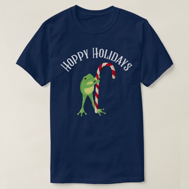 Funny HOPPY HOLIDAYS Christmas Candy Cane Frog Cot T-Shirt (Design Front)