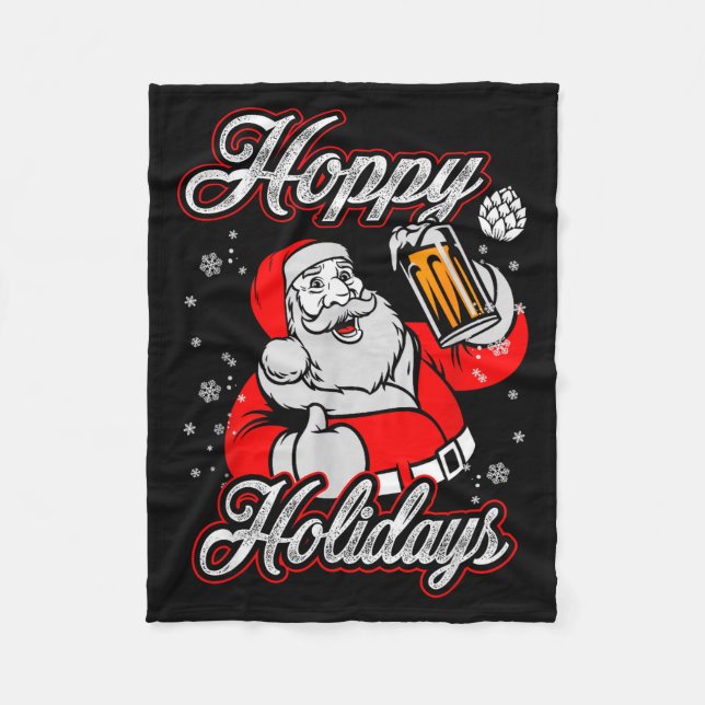 Funny Hoppy Holidays Santa Beer Christmas Drinking Fleece Blanket (Front)