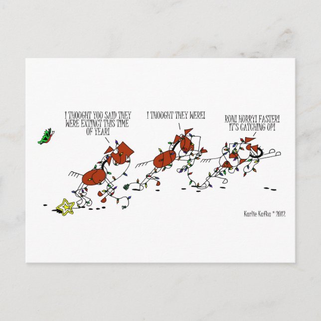 Funny Horse & Butterfly Christmas Cartoon Postcard (Front)
