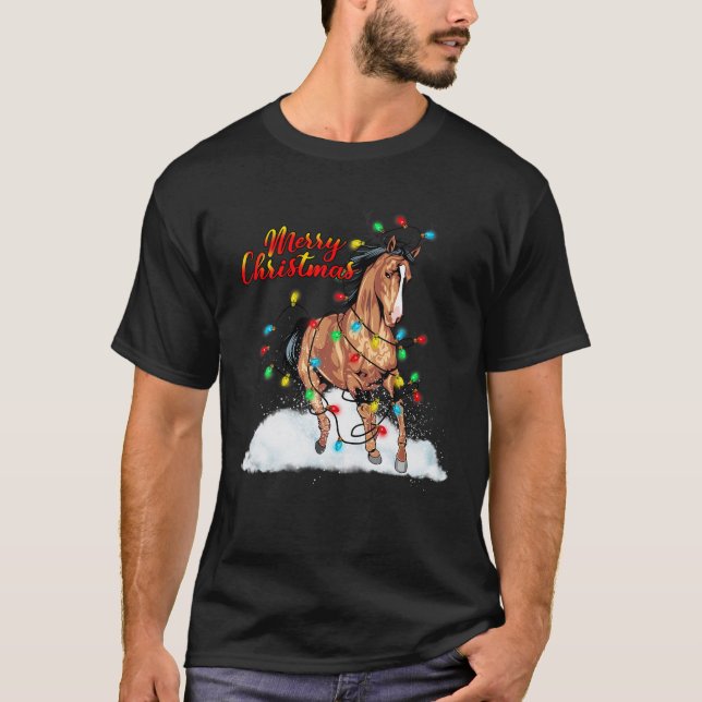 Funny Horse Christmas Lights Pajamas Horse Santa H T-Shirt (Front)