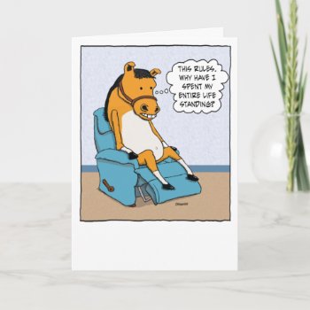 Funny Horse Discovers Sitting In Chair Birthday Card by chuckink at Zazzle