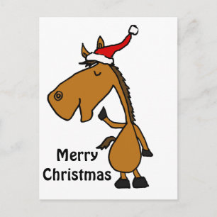 Funny Horse in Santa Hat Christmas Art Holiday Postcard