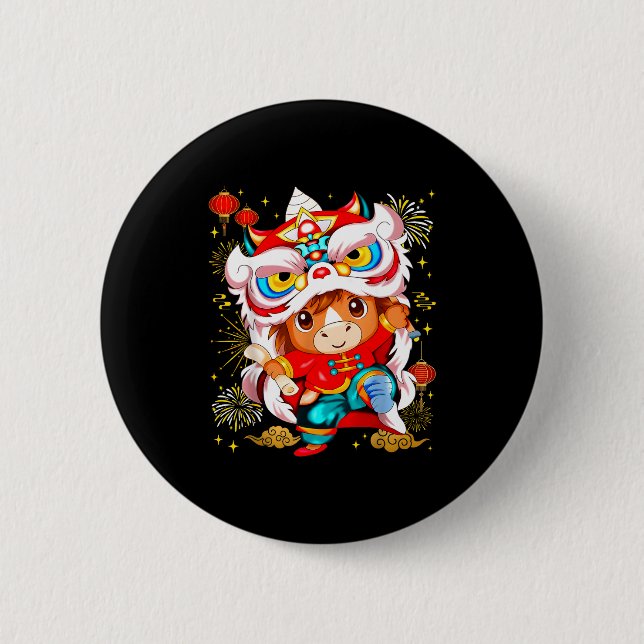 Funny Horse Lion Dance Chinese New Year Kid Men  Button (Front)