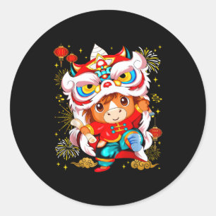 Funny Horse Lion Dance Chinese New Year Kid Men Classic Round Sticker