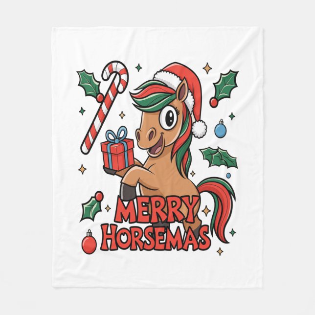 Funny Horse Merry Horsemas Fleece Blanket (Front)