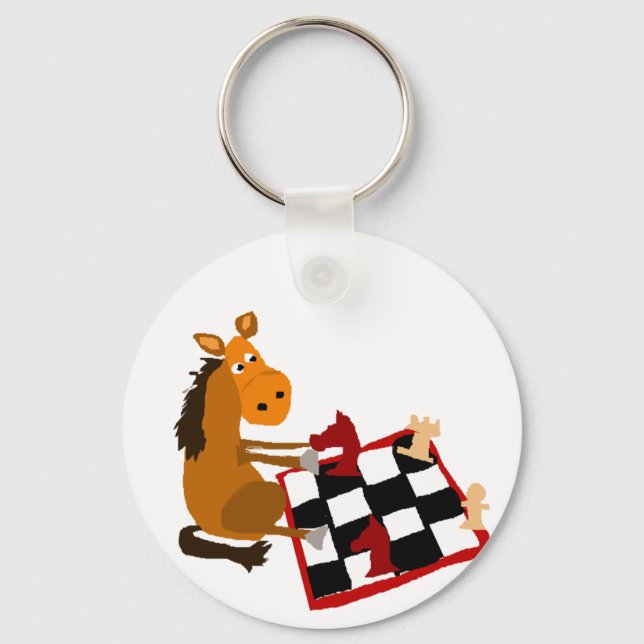 Funny Horse Playing Chess Art Original Keychain (Front)