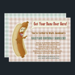 Funny Hot Dog Barbecue Birthday Party Buns Joke Invitation<br><div class="desc">Celebrate a birthday party or any fun cookout occasion with these silly invitations. They include a cartoon hot dog saying, "Get Your Buns Over Here!" Then they include room for all your party details. The background is light brown gingham, with a light green gingham on the back. Use the personalize...</div>