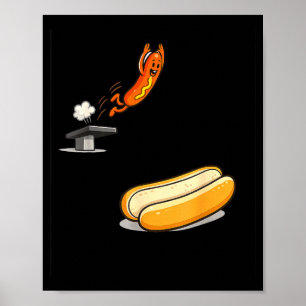 Funny hot dog diving into bun cartoon food humor poster