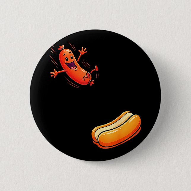 Funny hot dog jumping into bun sausage bbq high button (Front)