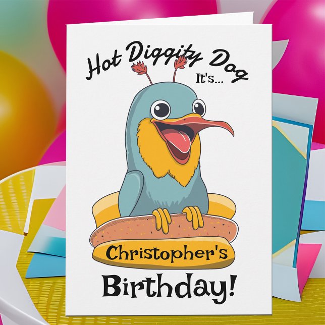 Funny Hot Dog Lover Cute Silly Bird In Bun + Name Card (Excited bird character loves hot dogs! Personalized birthday card for kids says, "hot diggity dog")