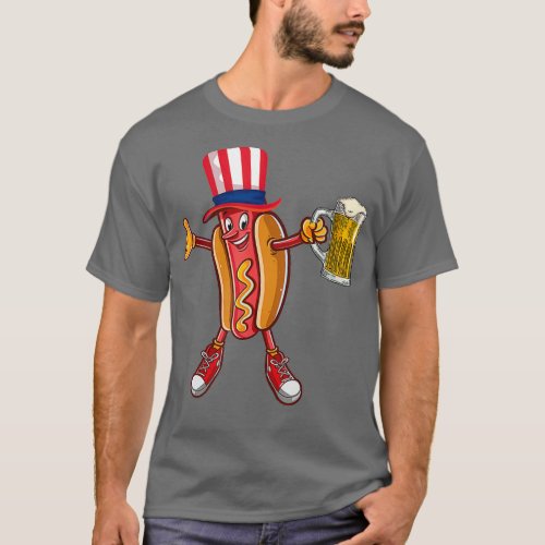 Funny Hot dog US Flag Hat Drinking Beer for 4th T_Shirt