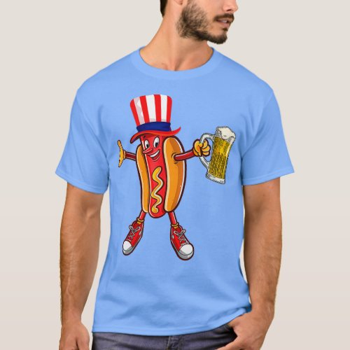 Funny Hot dog US Flag Hat Drinking Beer for 4th T_Shirt