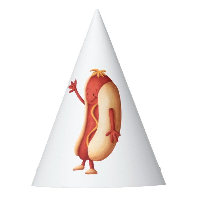 Funny Hot Dog with Mustard Waving Paper Party Hat (Front)