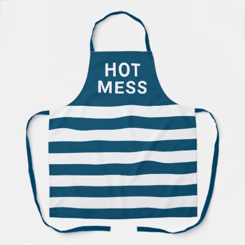 Funny Hot Mess Navy Blue White Stripes Baking  Apron