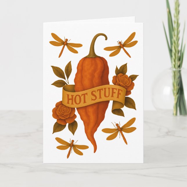 Funny Hot Pepper – Tattoo Style Rose Dragonfly Card (Front)