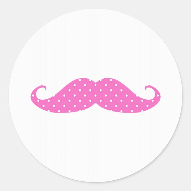 Funny Hot Pink Girly  Polka Dots Mustache Classic Round Sticker (Front)