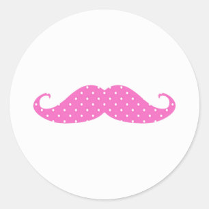 Funny Hot Pink Girly Polka Dots Mustache Classic Round Sticker