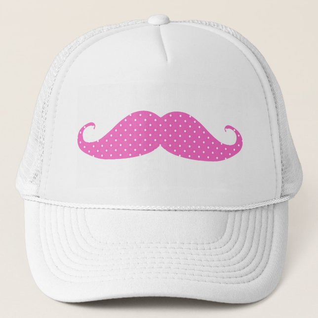 Funny Hot Pink Girly  Polka Dots Mustache Trucker Hat (Front)