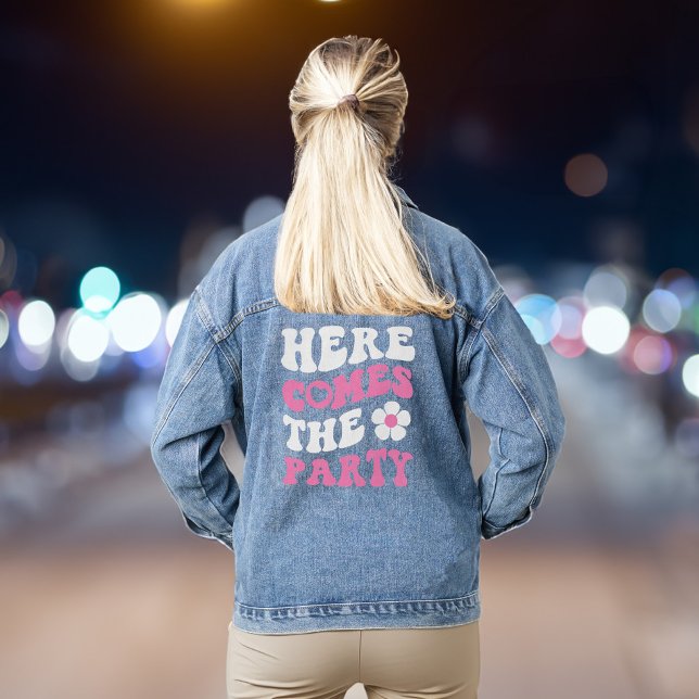 Funny Hot Pink Retro Bachelorette Party Denim Jacket (Cute jacket for the bridesmaids and besties bringing the party to the bride's bachelorette)