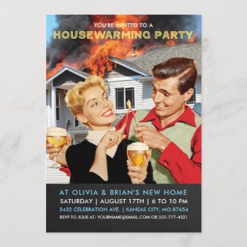 Funny Housewarming Party Invitations | On Fire by Anything_Goes at Zazzle