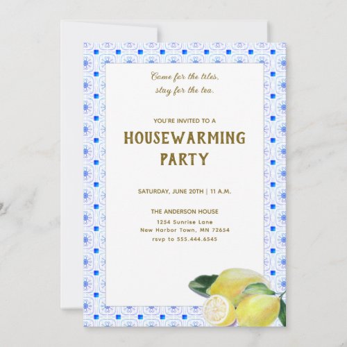 Funny Housewarming Tea Party Boho Lemon Blue Tiles Invitation
