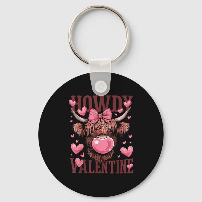 Funny Howdy Valentine Highland Cow Valentine’s Day Keychain (Front)
