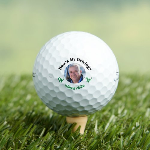 Funny Hows My Driving Monogram Photo Black Green Golf Balls
