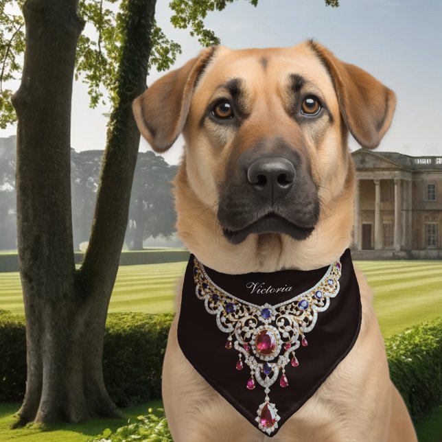 Funny Humor Elegant Victorian-Style Dog Necklace Pet Bandana Collar (A personalized pet bandana in black with a Victorian-inspired faux necklace design)