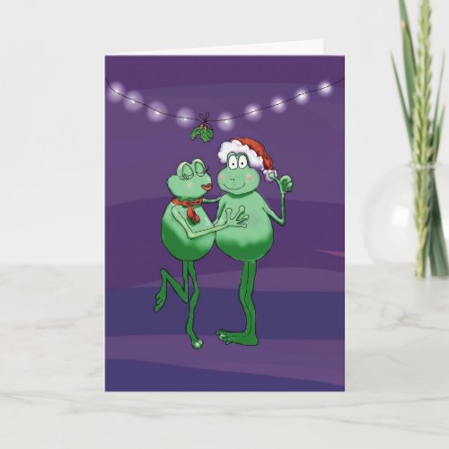 Funny Humor Frog Couple Kiss Mistletoe Card