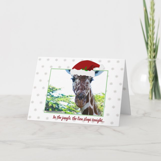 Funny Humor Giraffe Red Hat Green Border Xmas Card (Front)