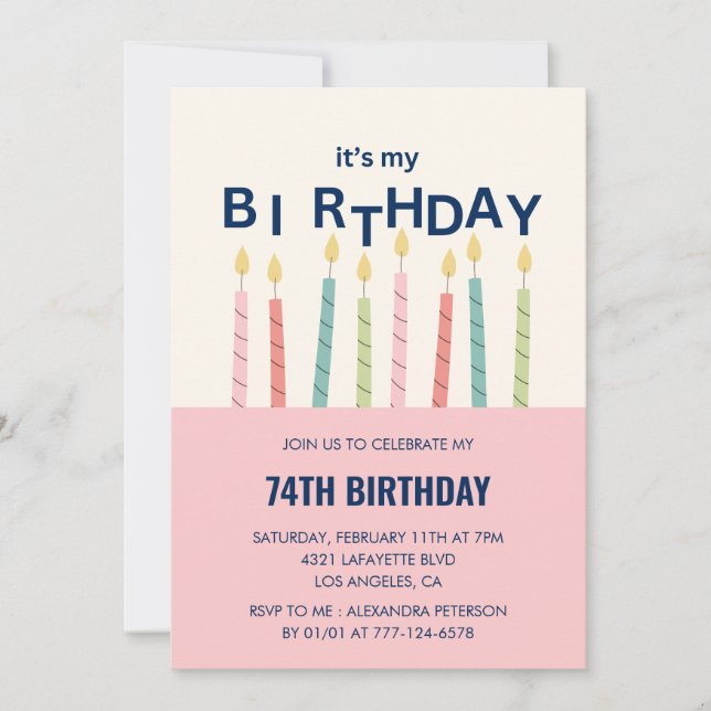 Funny Humor  Pink Candle 74th birthday invitation (Front)