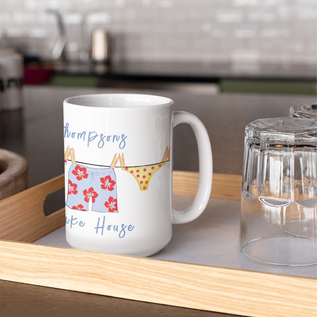 Funny Humor Summer Personalized  Coffee Mug (Whimsical swimsuits lake house personalized mug)