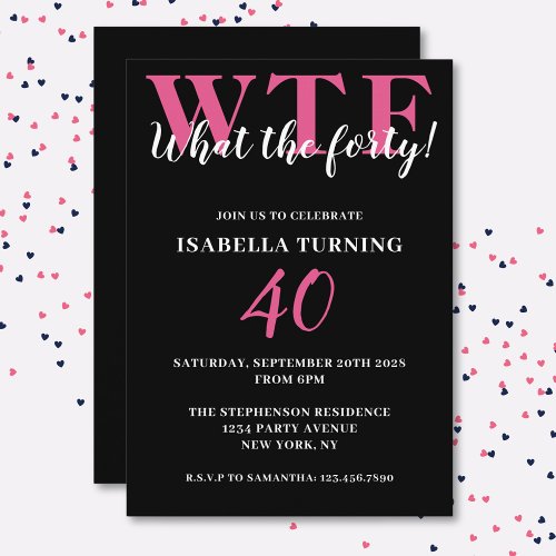 Funny Humorous 40th Birthday WTF Black  Pink Invitation