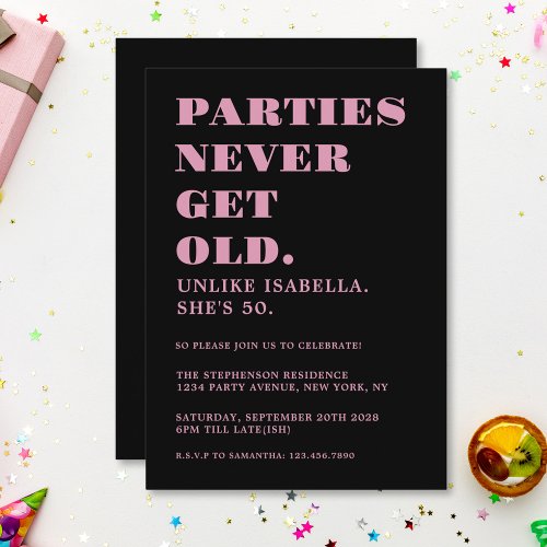 Funny Humorous 50th Birthday Black and Pink  Invitation