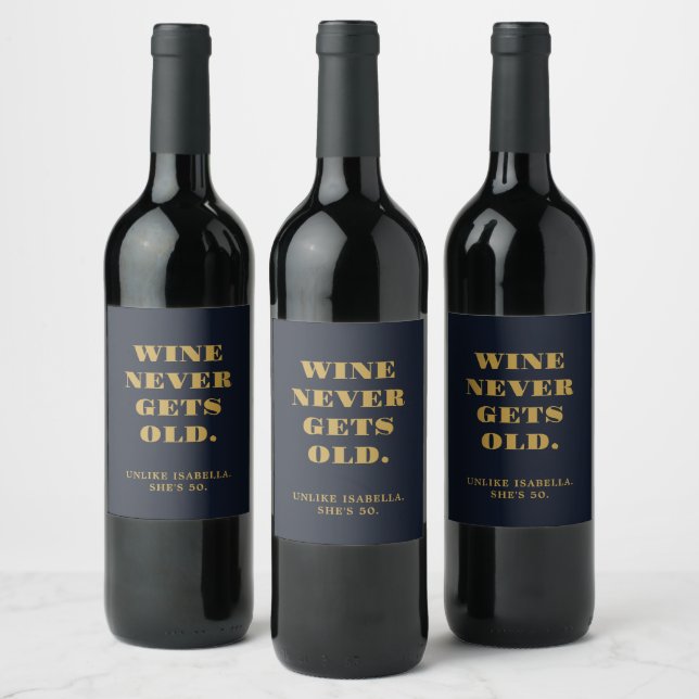 Funny Humorous 50th Birthday Navy Blue Gold Wine Label (Bottles)