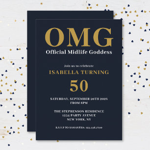 Funny Humorous 50th Birthday OMG Navy Blue Gold Invitation