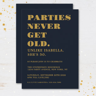 Funny Humorous 50th Birthday Party Navy Blue Gold Invitation