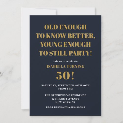Funny Humorous 50th Birthday Party Navy Blue Gold Invitation